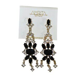 Amrita Singh Gold Plated Crystal Black Resin Chandelier Earrings NWT